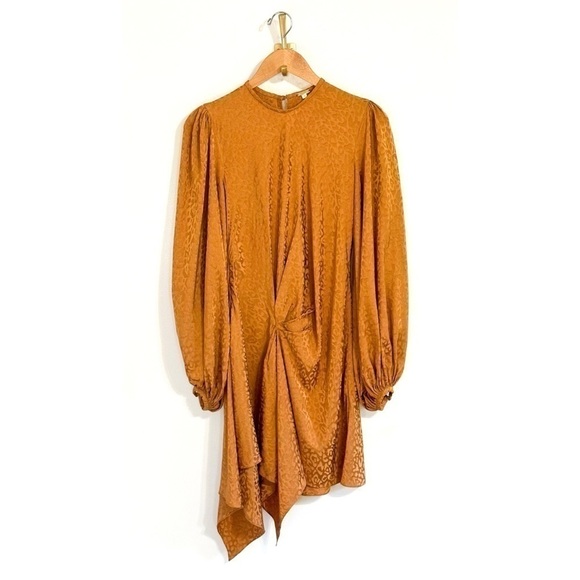 Johanna Ortiz Mini Long-Sleeve Brown Exotic Spices Satin-Jacquard Dress - Picture 2 of 5